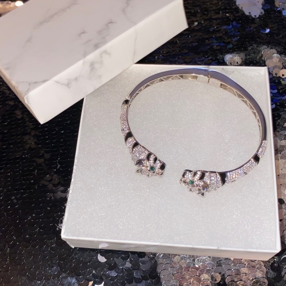 New Genevive Rhodium Plated Panther Fauna Bracelet with Striped Black Inlaid - Picture 6 of 6